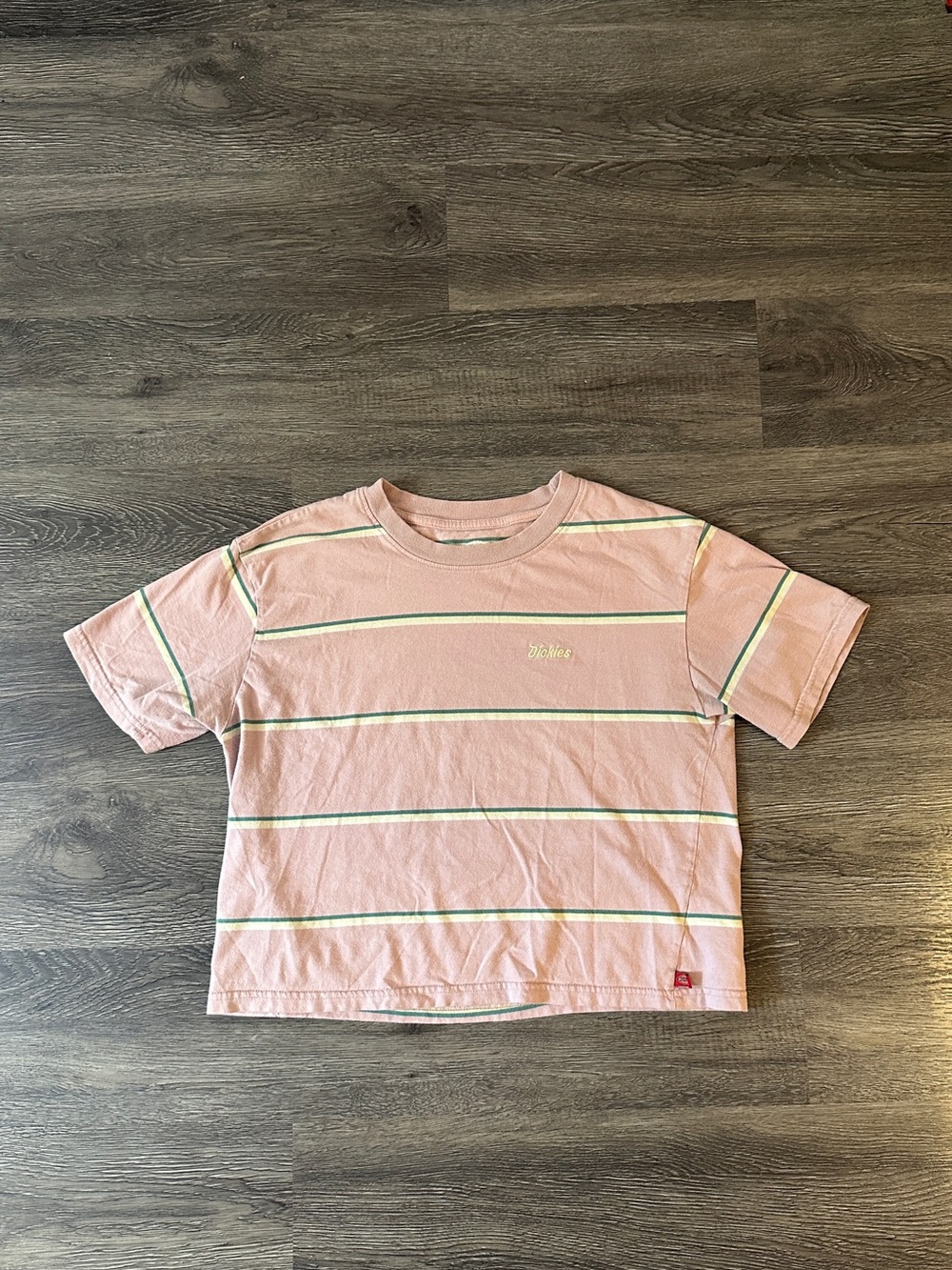 Dickies Pink Striped Crewneck Tee with Green & White Lines